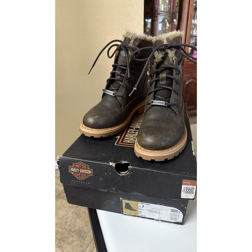 Harley Davidson Clearfield D84320‎ Women's 7 Brown Leather Fur Biker Moto Boots